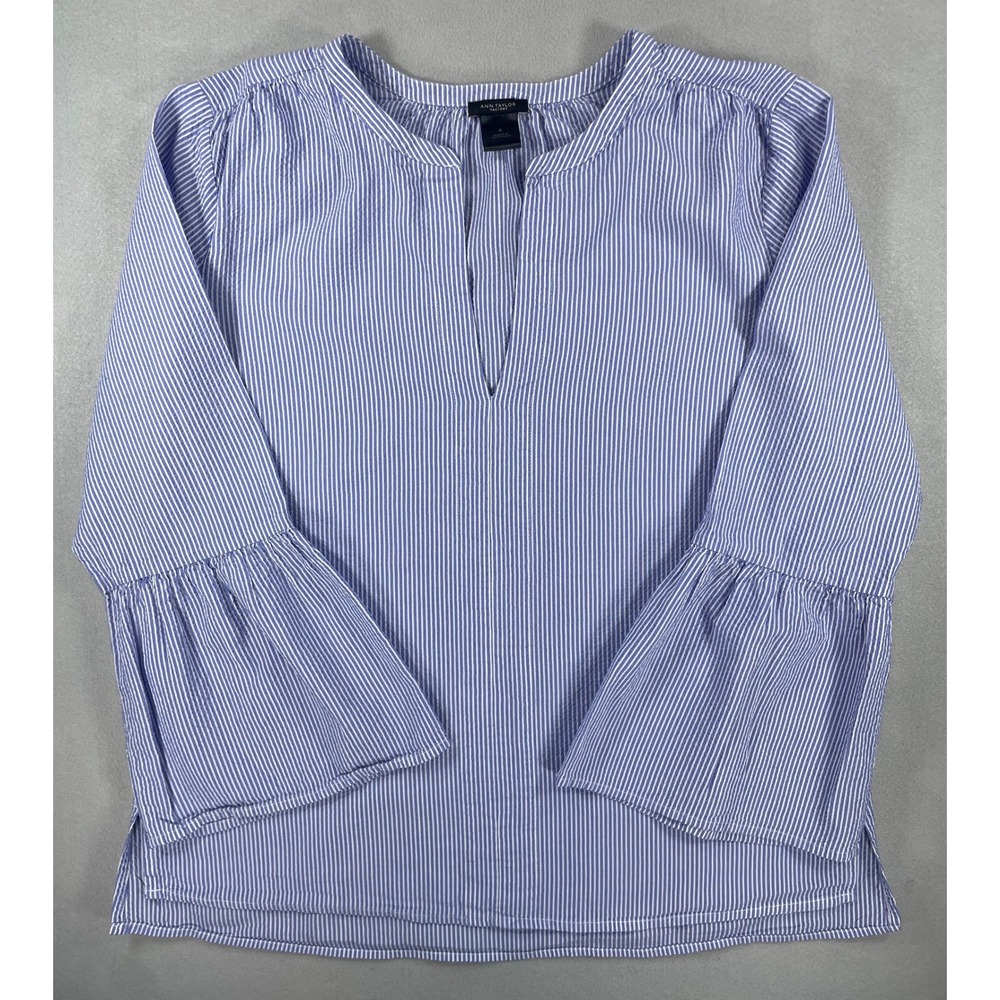 Ann Taylor Blouse Bell Sleeve Blue White Striped Cotton Lyocell Small Womens